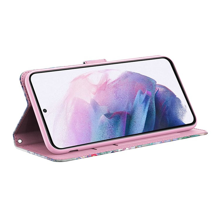3D Creative Pattern Design PU Leather Wallet Shockproof Stand Flip Magnetic Case with Strap for Google Pixel 6 Pro - Purple Impatiens