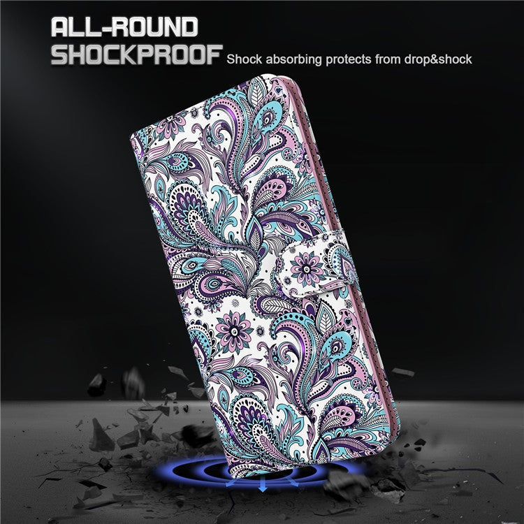 3D Creative Pattern Design PU Leather Wallet Shockproof Stand Flip Magnetic Case with Strap for Google Pixel 6 Pro - Purple Impatiens