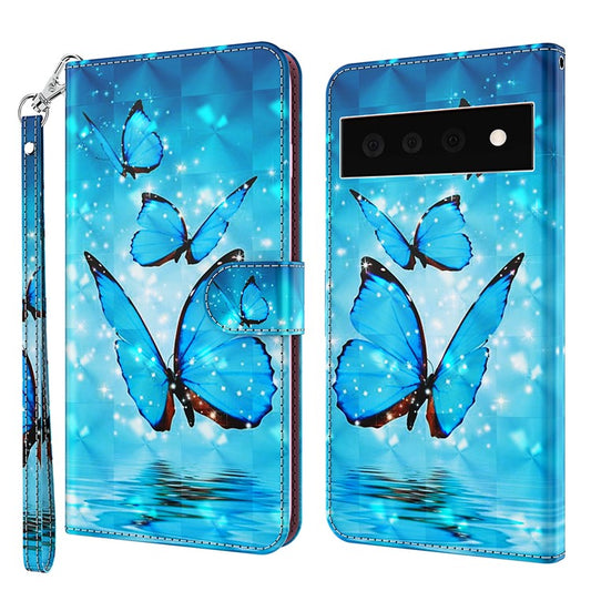 3D Creative Pattern Design PU Leather Wallet Shockproof Stand Flip Magnetic Case with Strap for Google Pixel 6 Pro - Blue Butterflies