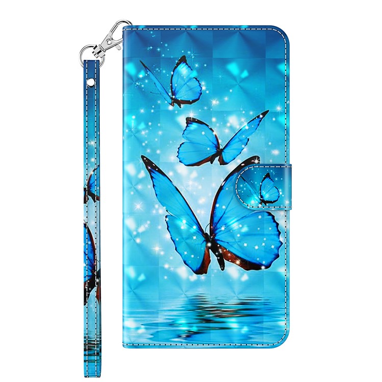 3D Creative Pattern Design PU Leather Wallet Shockproof Stand Flip Magnetic Case with Strap for Google Pixel 6 Pro - Blue Butterflies