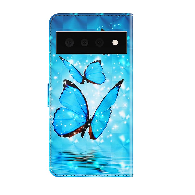 3D Creative Pattern Design PU Leather Wallet Shockproof Stand Flip Magnetic Case with Strap for Google Pixel 6 Pro - Blue Butterflies
