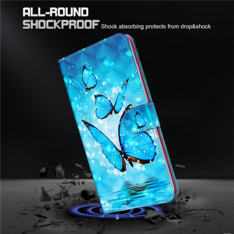 3D Creative Pattern Design PU Leather Wallet Shockproof Stand Flip Magnetic Case with Strap for Google Pixel 6 Pro - Blue Butterflies