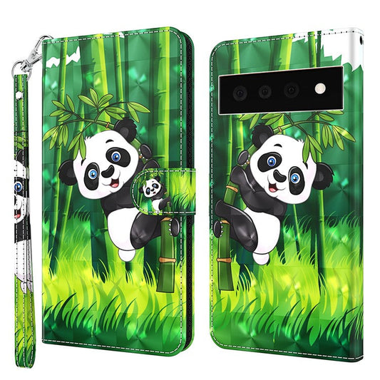 3D Creative Pattern Design PU Leather Wallet Shockproof Stand Flip Magnetic Case with Strap for Google Pixel 6 Pro - Panda Climbing Bamboo