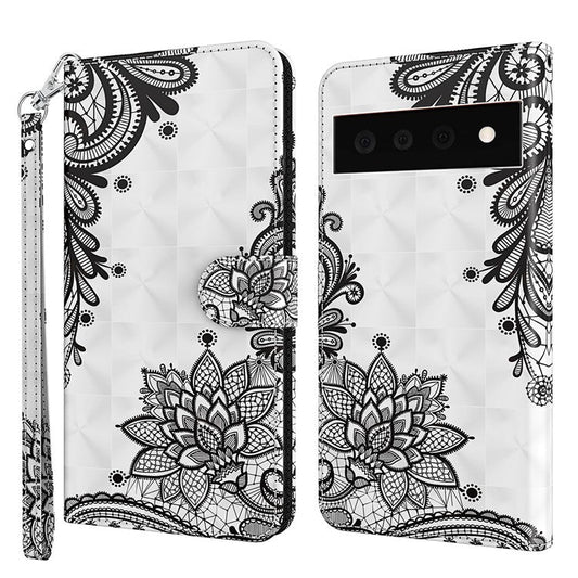 3D Creative Pattern Design PU Leather Wallet Shockproof Stand Flip Magnetic Case with Strap for Google Pixel 6 Pro - Lace Flower