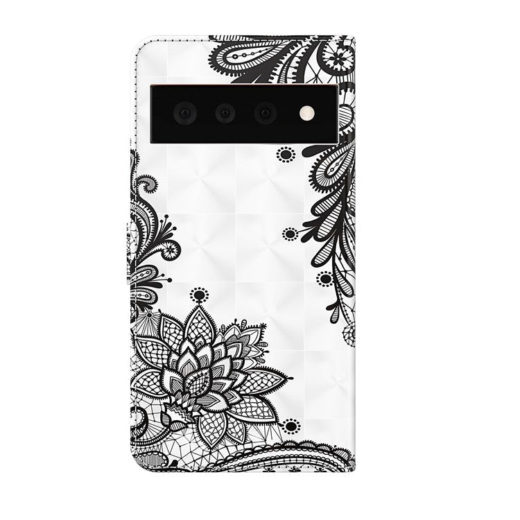 3D Creative Pattern Design PU Leather Wallet Shockproof Stand Flip Magnetic Case with Strap for Google Pixel 6 Pro - Lace Flower