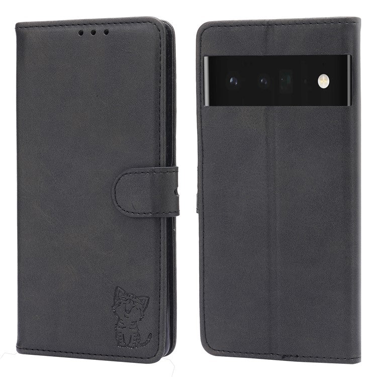 Imprinting Happy Cat Pattern PU Leather Wallet Case Phone Cover for Google Pixel 6 Pro - Black