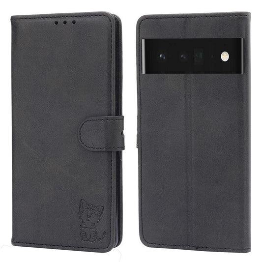 Imprinting Happy Cat Pattern PU Leather Wallet Case Phone Cover for Google Pixel 6 Pro - Black