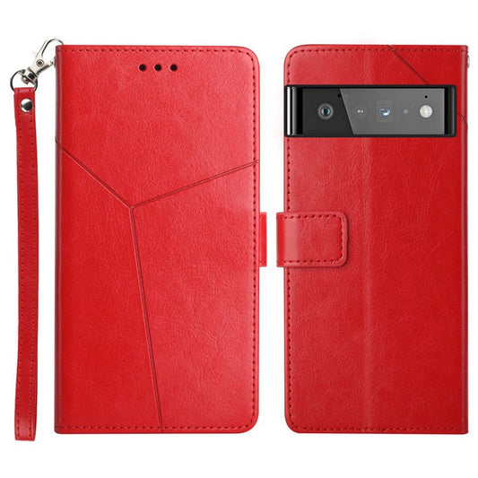 Imprinting Y-shaped Lines PU Leather Full Protection Phone Flip Cover Protective Case for Google Pixel 6 - Red