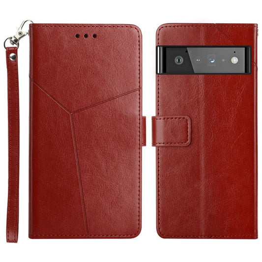 Imprinting Y-shaped Lines PU Leather Full Protection Phone Flip Cover Protective Case for Google Pixel 6 - Wine Red