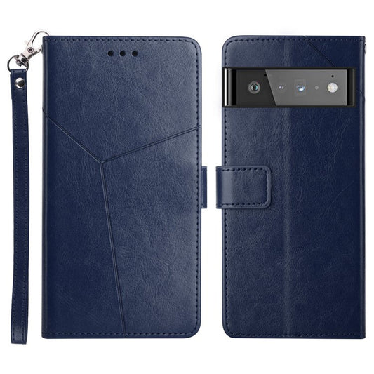 Imprinting Y-shaped Lines PU Leather Full Protection Phone Flip Cover Protective Case for Google Pixel 6 - Blue