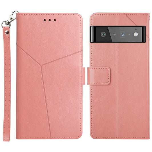 Imprinting Y-shaped Lines PU Leather Full Protection Phone Flip Cover Protective Case for Google Pixel 6 - Pink