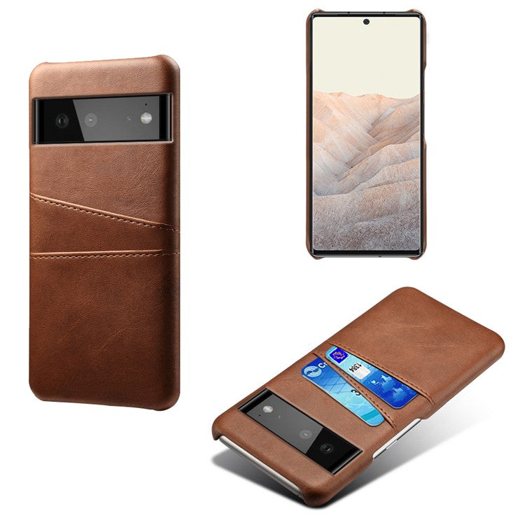 KSQ PU Leather + PC Combo Durable Anti-fall Dual Back Card Slots Design Hard Phone Shell for Google Pixel 6 - Brown