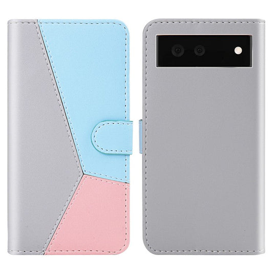 Stylish Tri-color Splicing Design Stand Wallet Full Protection Leather Cover Phone Case for Google Pixel 6 - Grey/Blue/Pink