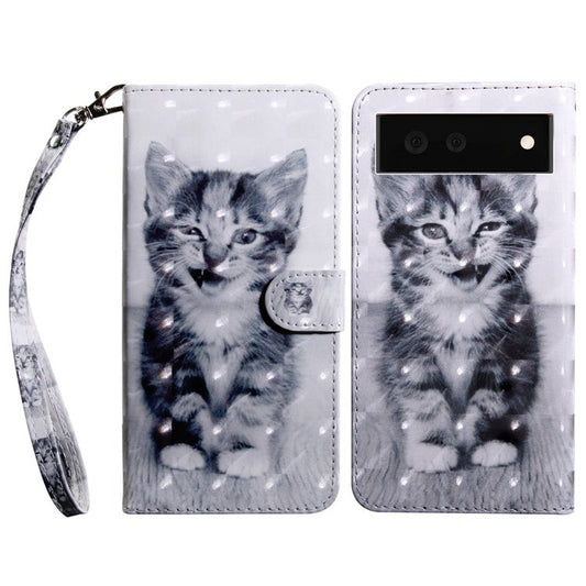 3D Pattern Printing Soft PU Leather Stand Magnetic Flip Wallet Phone Case with Strap for Google Pixel 6 - Cat