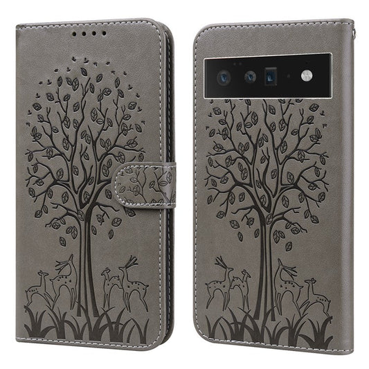 Anti-scratch Elk and Tree Pattern Imprinted Wallet Leather Phone Case Stand Shell for Google Pixel 6 Pro - Grey