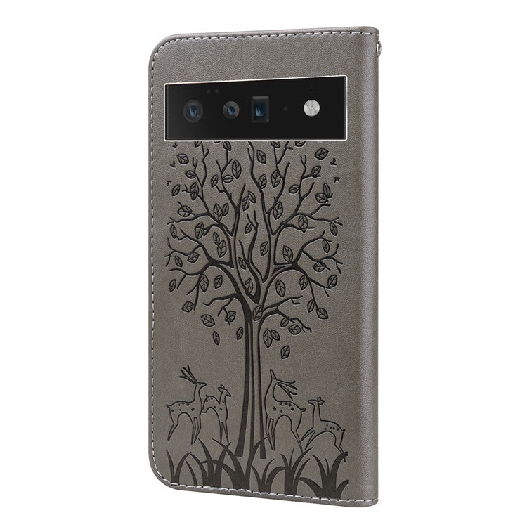 Anti-scratch Elk and Tree Pattern Imprinted Wallet Leather Phone Case Stand Shell for Google Pixel 6 Pro - Grey