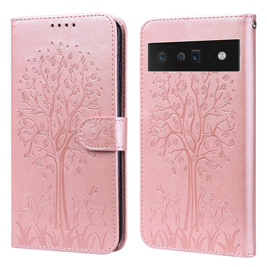Anti-scratch Elk and Tree Pattern Imprinted Wallet Leather Phone Case Stand Shell for Google Pixel 6 Pro - Pink