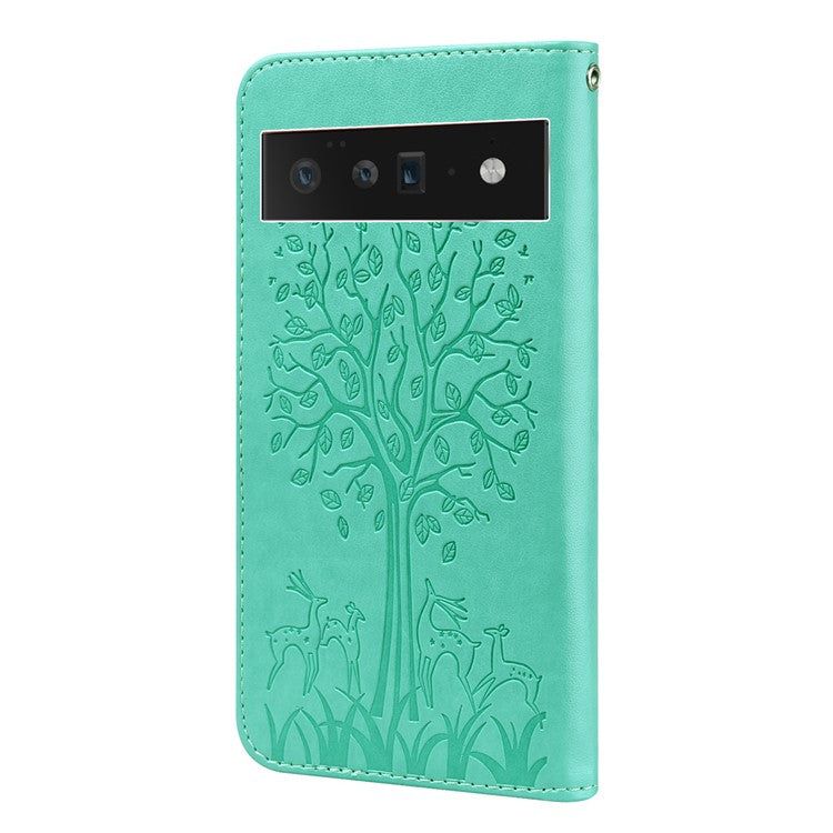 Anti-scratch Elk and Tree Pattern Imprinted Wallet Leather Phone Case Stand Shell for Google Pixel 6 Pro - Green