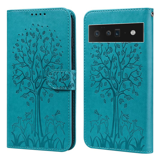 Anti-scratch Elk and Tree Pattern Imprinted Wallet Leather Phone Case Stand Shell for Google Pixel 6 Pro - Blue