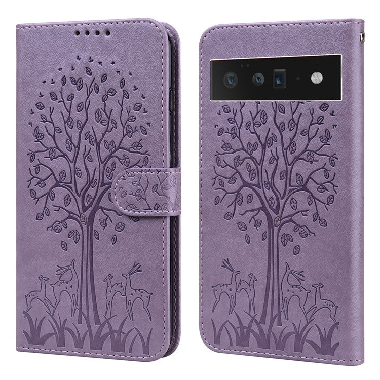 Anti-scratch Elk and Tree Pattern Imprinted Wallet Leather Phone Case Stand Shell for Google Pixel 6 Pro - Purple
