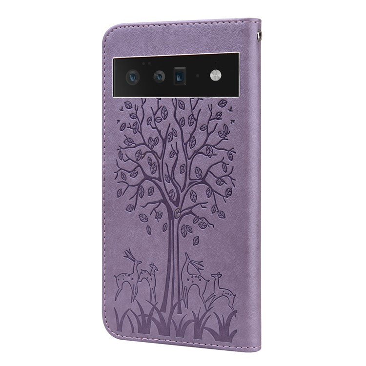 Anti-scratch Elk and Tree Pattern Imprinted Wallet Leather Phone Case Stand Shell for Google Pixel 6 Pro - Purple