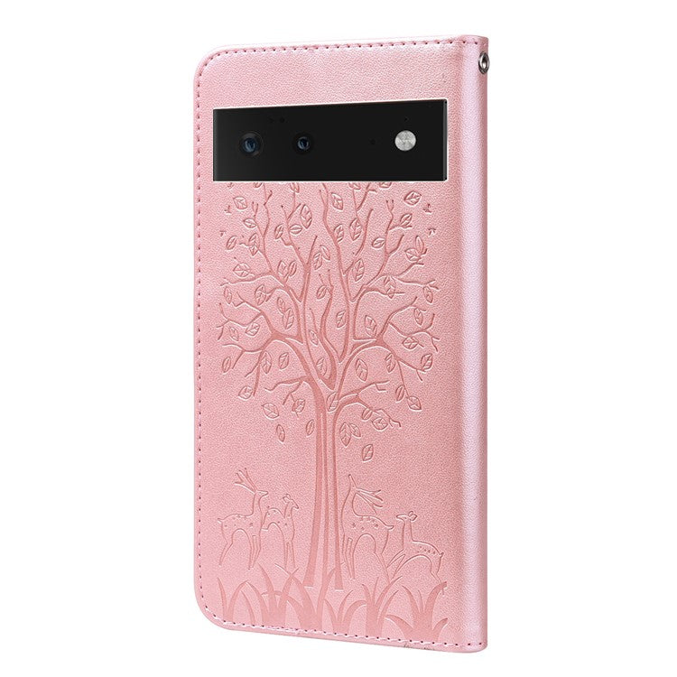 Anti-scratch Stand Phone Cover Imprinted Elk and Tree Pattern Wallet Leather Phone Case for Google Pixel 6 - Pink