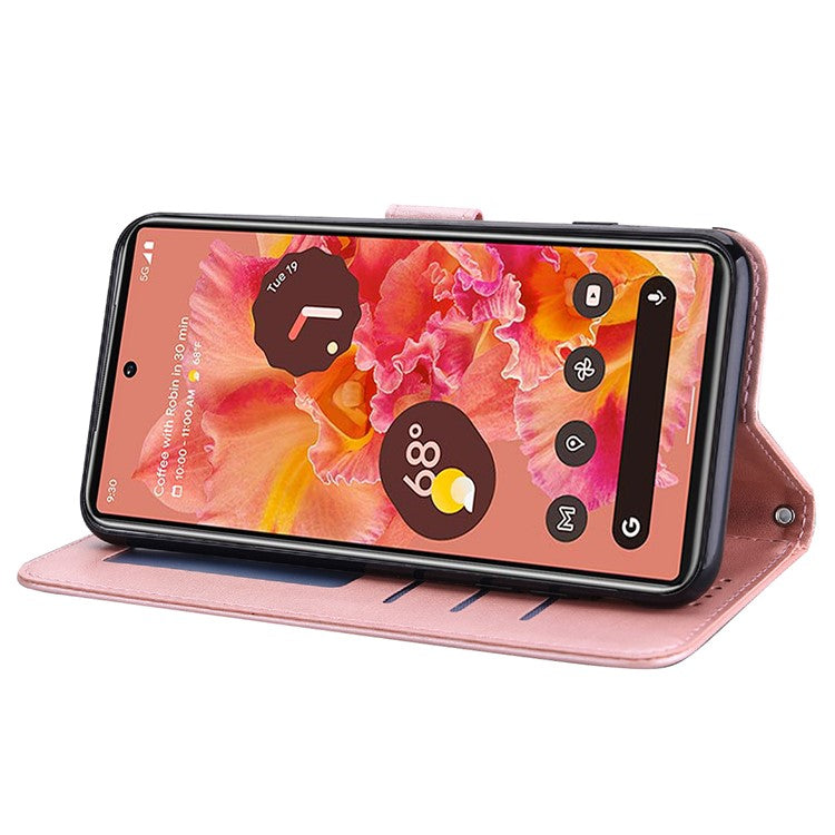 Anti-scratch Stand Phone Cover Imprinted Elk and Tree Pattern Wallet Leather Phone Case for Google Pixel 6 - Pink