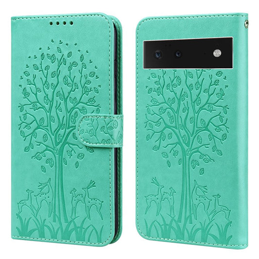 Anti-scratch Stand Phone Cover Imprinted Elk and Tree Pattern Wallet Leather Phone Case for Google Pixel 6 - Green