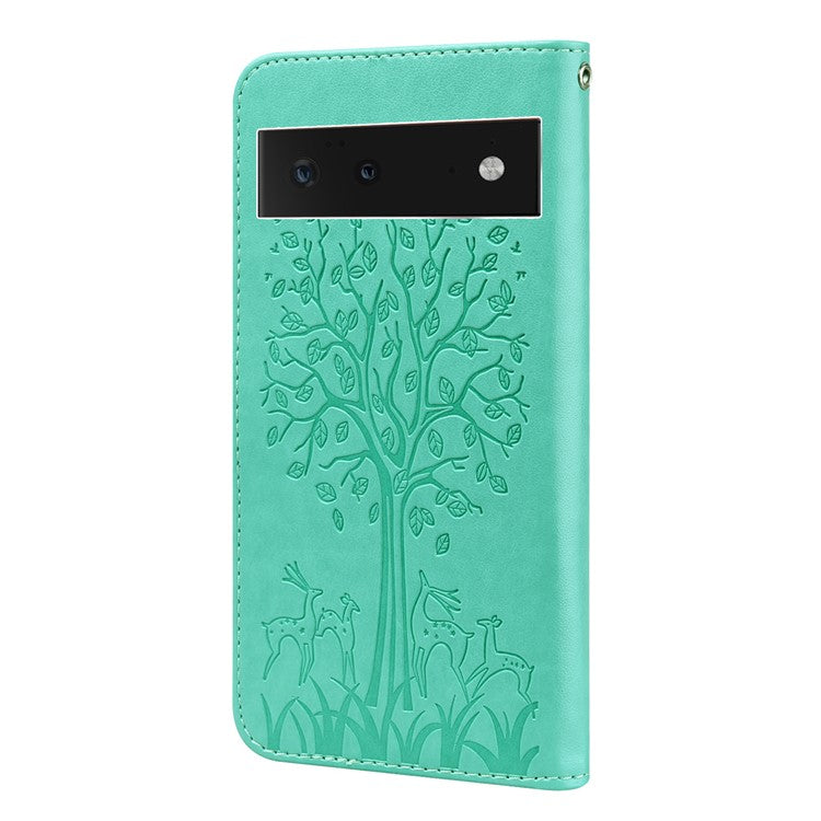 Anti-scratch Stand Phone Cover Imprinted Elk and Tree Pattern Wallet Leather Phone Case for Google Pixel 6 - Green