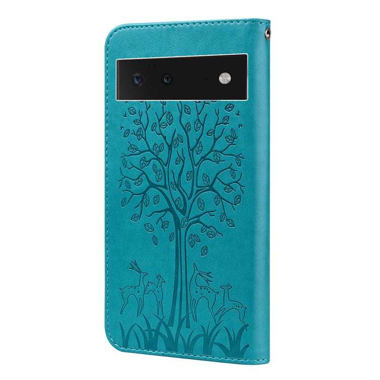 Anti-scratch Stand Phone Cover Imprinted Elk and Tree Pattern Wallet Leather Phone Case for Google Pixel 6 - Blue