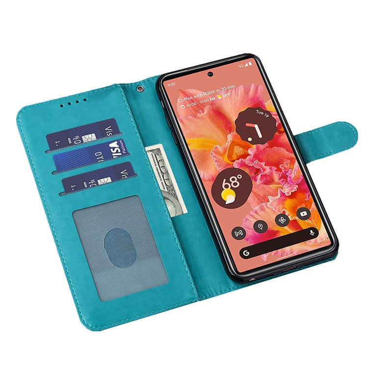 Anti-scratch Stand Phone Cover Imprinted Elk and Tree Pattern Wallet Leather Phone Case for Google Pixel 6 - Blue