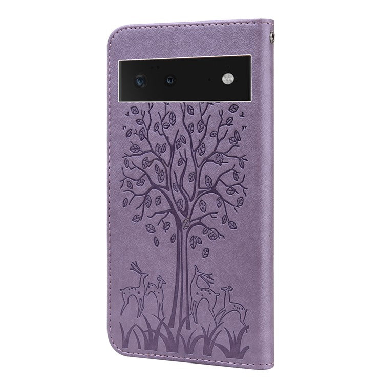 Anti-scratch Stand Phone Cover Imprinted Elk and Tree Pattern Wallet Leather Phone Case for Google Pixel 6 - Purple