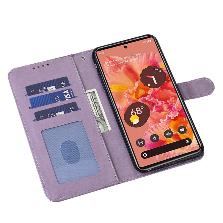 Anti-scratch Stand Phone Cover Imprinted Elk and Tree Pattern Wallet Leather Phone Case for Google Pixel 6 - Purple
