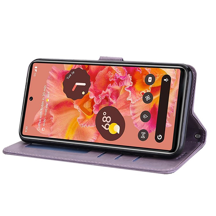 Anti-scratch Stand Phone Cover Imprinted Elk and Tree Pattern Wallet Leather Phone Case for Google Pixel 6 - Purple