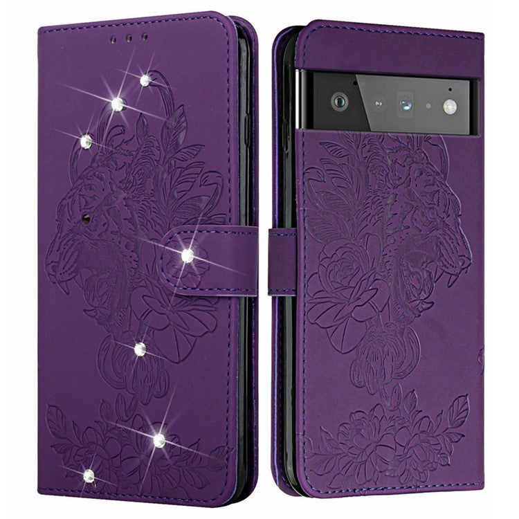 Tiger Head Imprinted Rhinestone Design Wallet Stand Leather Protective Phone Case Shell for Google Pixel 6 Pro - Purple