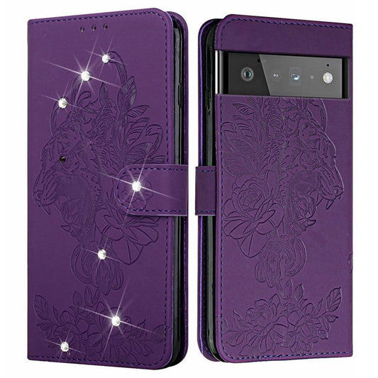 Tiger Head Imprinted Rhinestone Design Wallet Stand Leather Protective Phone Case Shell for Google Pixel 6 Pro - Purple