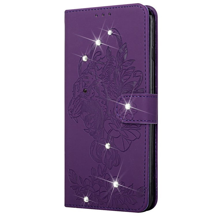 Tiger Head Imprinted Rhinestone Design Wallet Stand Leather Protective Phone Case Shell for Google Pixel 6 Pro - Purple