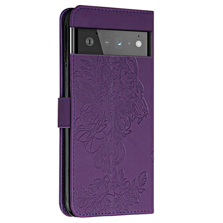 Tiger Head Imprinted Rhinestone Design Wallet Stand Leather Protective Phone Case Shell for Google Pixel 6 Pro - Purple