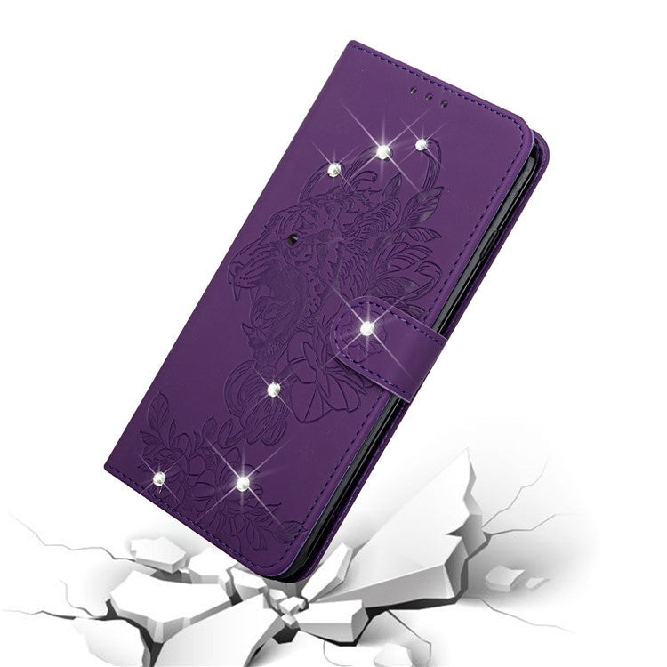Tiger Head Imprinted Rhinestone Design Wallet Stand Leather Protective Phone Case Shell for Google Pixel 6 Pro - Purple