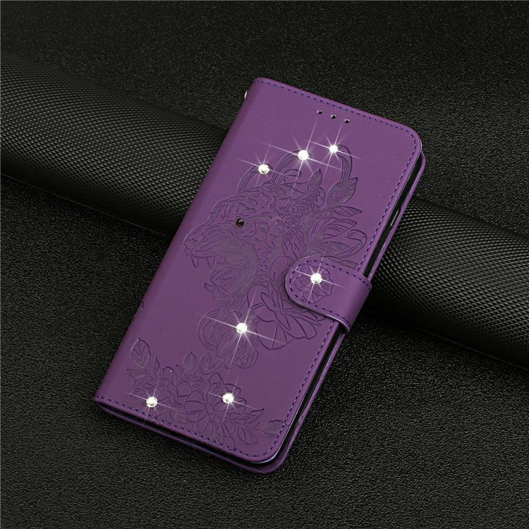 Tiger Head Imprinted Rhinestone Design Wallet Stand Leather Protective Phone Case Shell for Google Pixel 6 Pro - Purple