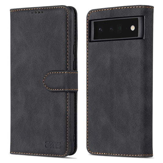 AZNS TPU+PU Leather Wallet Stand Phone Case Shockproof Protection Flip Phone Shell for Google Pixel 6 - Black