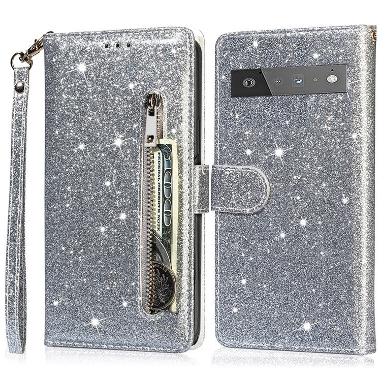 Glitter Sequins Magnetic Clasp Well-protected Anti-shock Zipper Pocket Wallet Flip Leather Phone Cover with Stand for Google Pixel 6 - Silver
