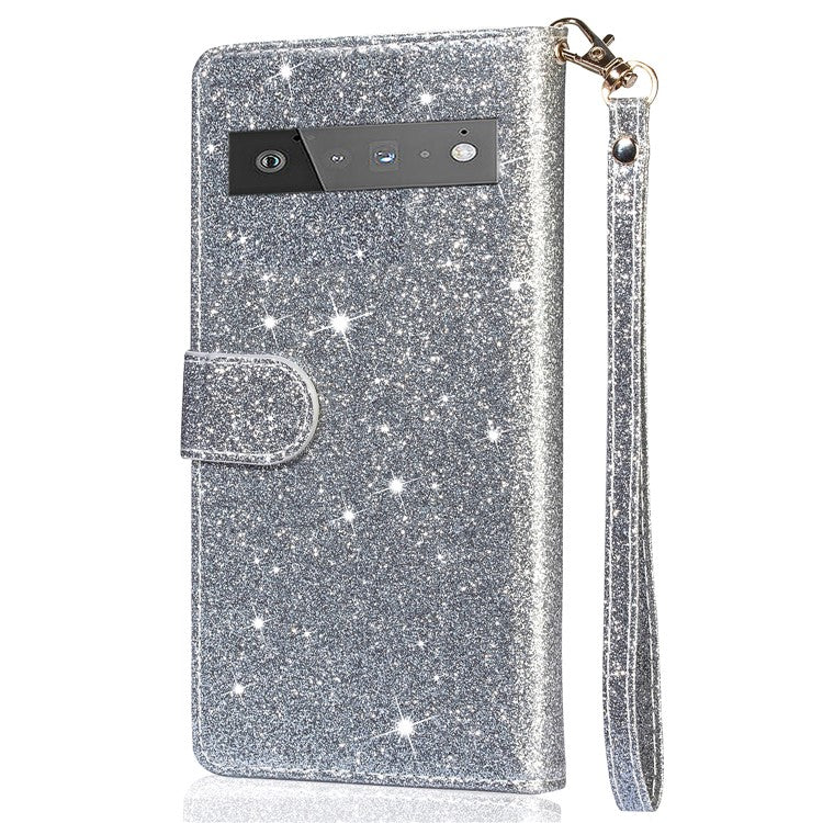 Glitter Sequins Magnetic Clasp Well-protected Anti-shock Zipper Pocket Wallet Flip Leather Phone Cover with Stand for Google Pixel 6 - Silver