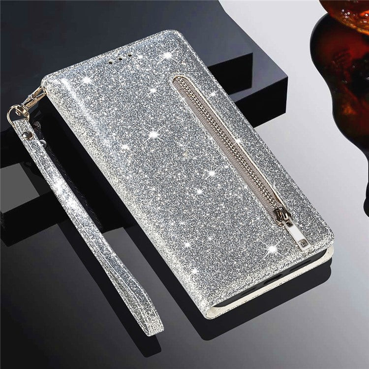 Glitter Sequins Magnetic Clasp Well-protected Anti-shock Zipper Pocket Wallet Flip Leather Phone Cover with Stand for Google Pixel 6 - Silver