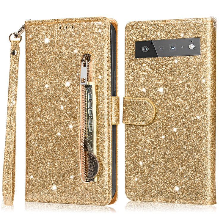 Glitter Sequins Magnetic Clasp Well-protected Anti-shock Zipper Pocket Wallet Flip Leather Phone Cover with Stand for Google Pixel 6 - Gold