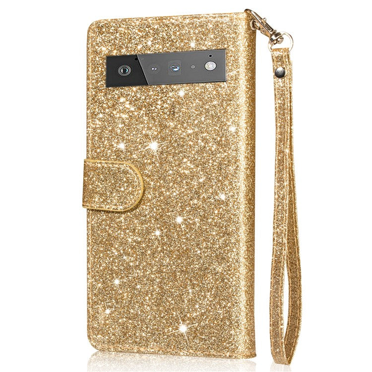 Glitter Sequins Magnetic Clasp Well-protected Anti-shock Zipper Pocket Wallet Flip Leather Phone Cover with Stand for Google Pixel 6 - Gold