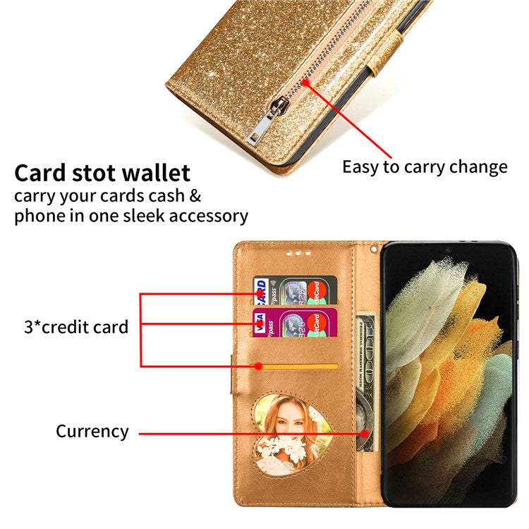 Glitter Sequins Magnetic Clasp Well-protected Anti-shock Zipper Pocket Wallet Flip Leather Phone Cover with Stand for Google Pixel 6 - Gold