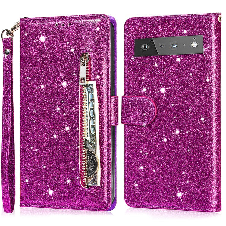 Glitter Sequins Magnetic Clasp Well-protected Anti-shock Zipper Pocket Wallet Flip Leather Phone Cover with Stand for Google Pixel 6 - Purple