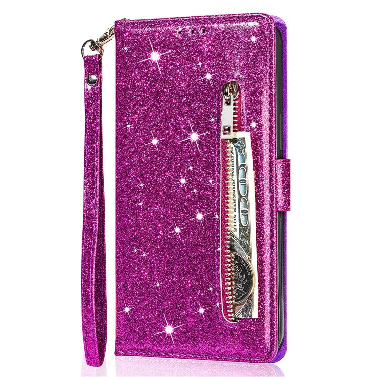 Glitter Sequins Magnetic Clasp Well-protected Anti-shock Zipper Pocket Wallet Flip Leather Phone Cover with Stand for Google Pixel 6 - Purple