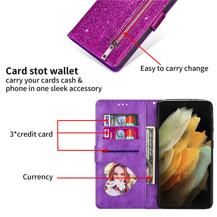 Glitter Sequins Magnetic Clasp Well-protected Anti-shock Zipper Pocket Wallet Flip Leather Phone Cover with Stand for Google Pixel 6 - Purple